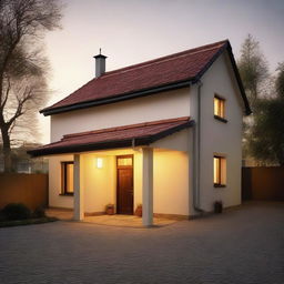 A traditional house with visible roof tiles and walls illuminated by the soft glow of an outdoor light. Include a street lamp in the scene, casting a soft light that illuminates the surroundings.