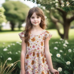 A young girl with brown hair and white skin wearing a short, floral dress in an outdoor setting.