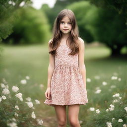 A young girl with brown hair and white skin wearing a short, floral dress in an outdoor setting.