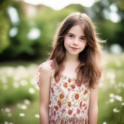 A young girl with brown hair and white skin wearing a short, floral dress in an outdoor setting.