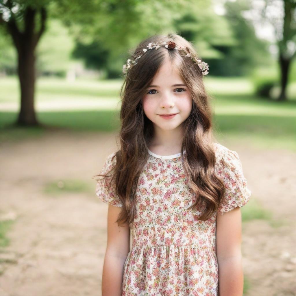 A young girl with brown hair and white skin wearing a short, floral dress in an outdoor setting.