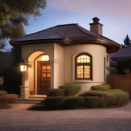 Traditional architectural house with visible roof tiles and walls radiantly lit by the soft glow of an outdoor light fixture. Include a street lamp casting a gentle light illuminating the surroundings.