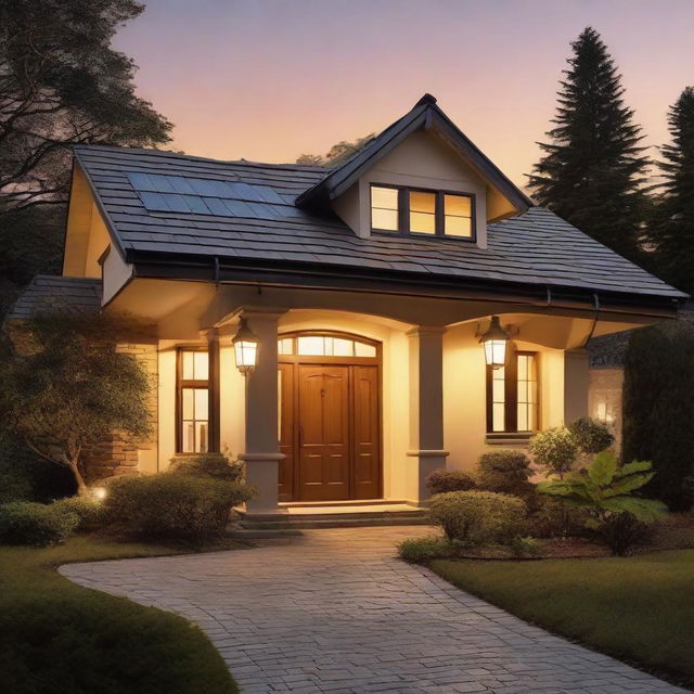 Traditional architectural house with visible roof tiles and walls radiantly lit by the soft glow of an outdoor light fixture. Include a street lamp casting a gentle light illuminating the surroundings.