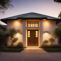 Traditional architectural house with visible roof tiles and walls radiantly lit by the soft glow of an outdoor light fixture. Include a street lamp casting a gentle light illuminating the surroundings.