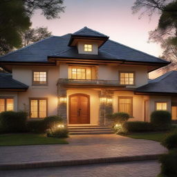 Traditional architectural house with visible roof tiles and walls radiantly lit by the soft glow of an outdoor light fixture. Include a street lamp casting a gentle light illuminating the surroundings.