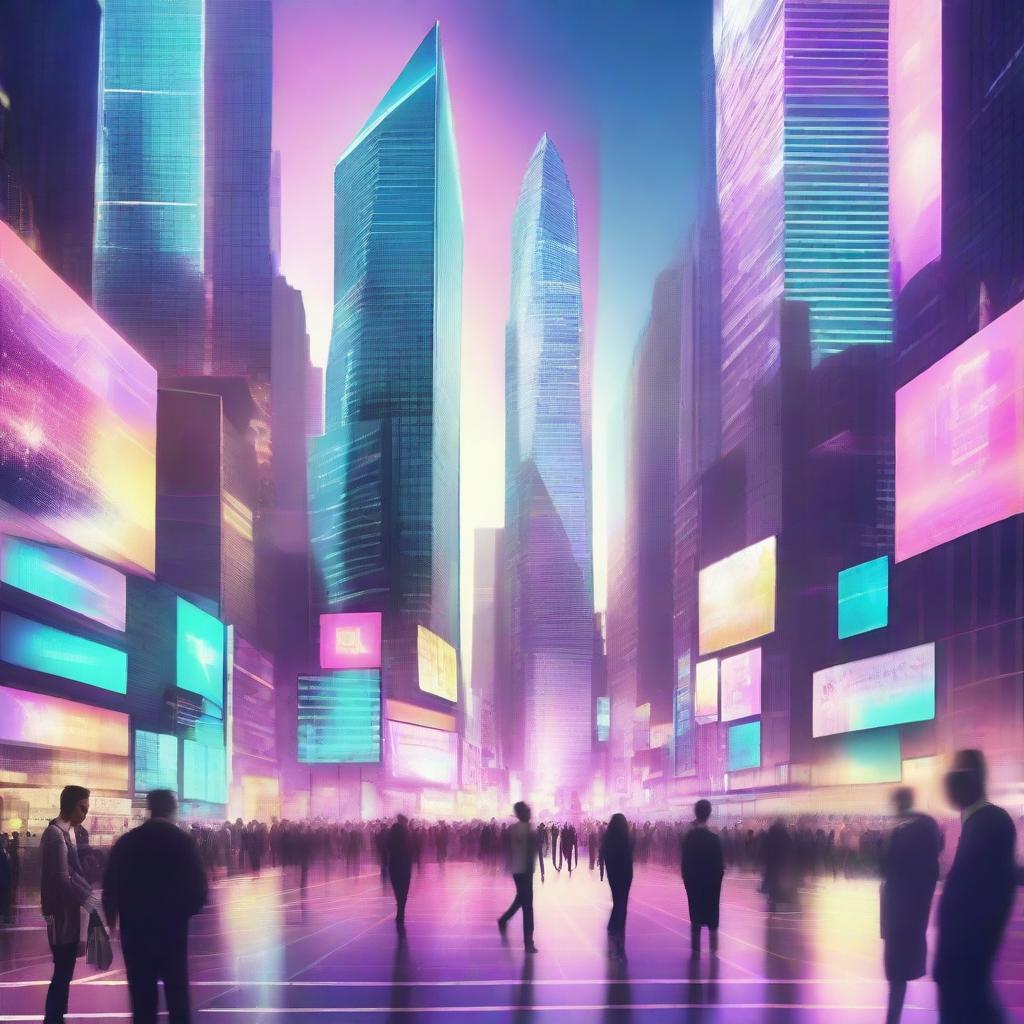 A futuristic world dominated by innovative social media platforms. Skyscrapers filled with glowing screens, holographic advertisements, and people interacting with advanced tech devices.