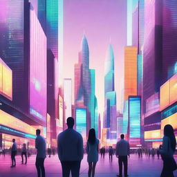 A futuristic world dominated by innovative social media platforms. Skyscrapers filled with glowing screens, holographic advertisements, and people interacting with advanced tech devices.