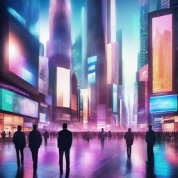 A futuristic world dominated by innovative social media platforms. Skyscrapers filled with glowing screens, holographic advertisements, and people interacting with advanced tech devices.