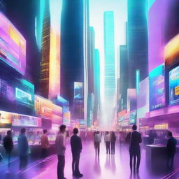 A futuristic world dominated by innovative social media platforms. Skyscrapers filled with glowing screens, holographic advertisements, and people interacting with advanced tech devices.