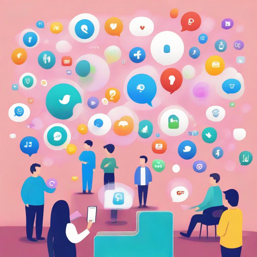 A world permeated by various social media apps, with symbols of popular platforms floating around, people engaging with handheld devices, and colorful notifications bubbles floating in the air.