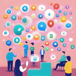 A world permeated by various social media apps, with symbols of popular platforms floating around, people engaging with handheld devices, and colorful notifications bubbles floating in the air.