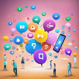 A world permeated by various social media apps, with symbols of popular platforms floating around, people engaging with handheld devices, and colorful notifications bubbles floating in the air.