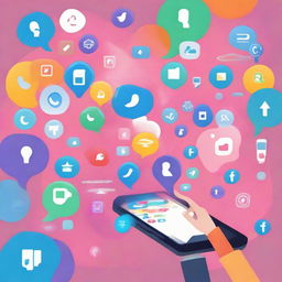 A world permeated by various social media apps, with symbols of popular platforms floating around, people engaging with handheld devices, and colorful notifications bubbles floating in the air.