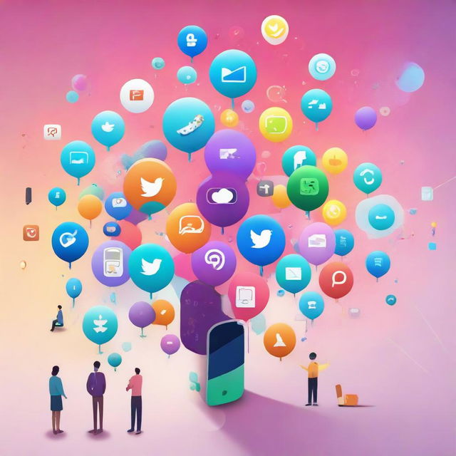 A world permeated by various social media apps, with symbols of popular platforms floating around, people engaging with handheld devices, and colorful notifications bubbles floating in the air.