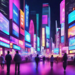 An intricate, futuristic cityscape, pulsating with the energy of social media. Neon-lit billboards displaying app icons, holographic projections of social media interfaces, and people interacting with cutting-edge devices.