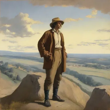 The artist depicted a wayfarer standing on a hill, preparing for his journey.