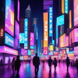 An intricate, futuristic cityscape, pulsating with the energy of social media. Neon-lit billboards displaying app icons, holographic projections of social media interfaces, and people interacting with cutting-edge devices.