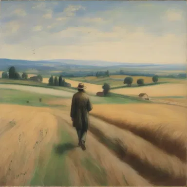 The famous painting depicted a serene landscape with a lone wayfarer journeying through the fields.