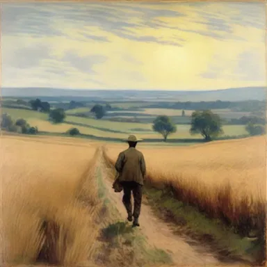 The famous painting depicted a serene landscape with a lone wayfarer journeying through the fields.