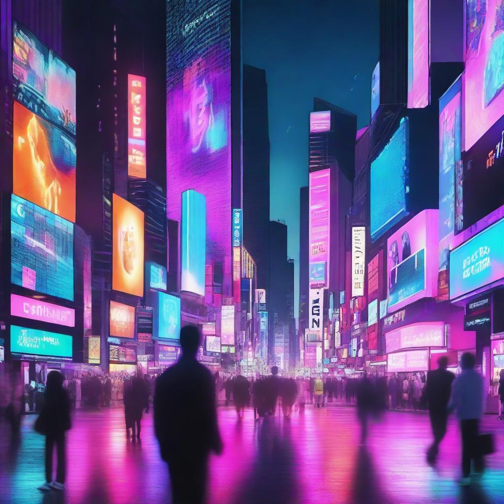 An intricate, futuristic cityscape, pulsating with the energy of social media. Neon-lit billboards displaying app icons, holographic projections of social media interfaces, and people interacting with cutting-edge devices.