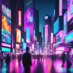 An intricate, futuristic cityscape, pulsating with the energy of social media. Neon-lit billboards displaying app icons, holographic projections of social media interfaces, and people interacting with cutting-edge devices.