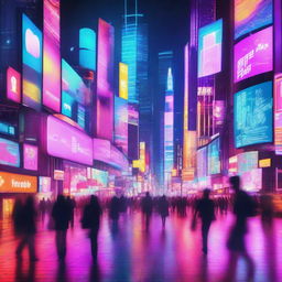 An intricate, futuristic cityscape, pulsating with the energy of social media. Neon-lit billboards displaying app icons, holographic projections of social media interfaces, and people interacting with cutting-edge devices.