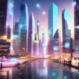 A futuristic city dedicated to social media, with skyscrapers glowing with digital screens of app icons, holographic social media notifications in the air, and citizens communicating through advanced wearable technology.