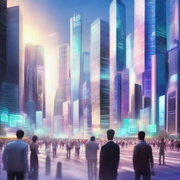 A futuristic city dedicated to social media, with skyscrapers glowing with digital screens of app icons, holographic social media notifications in the air, and citizens communicating through advanced wearable technology.