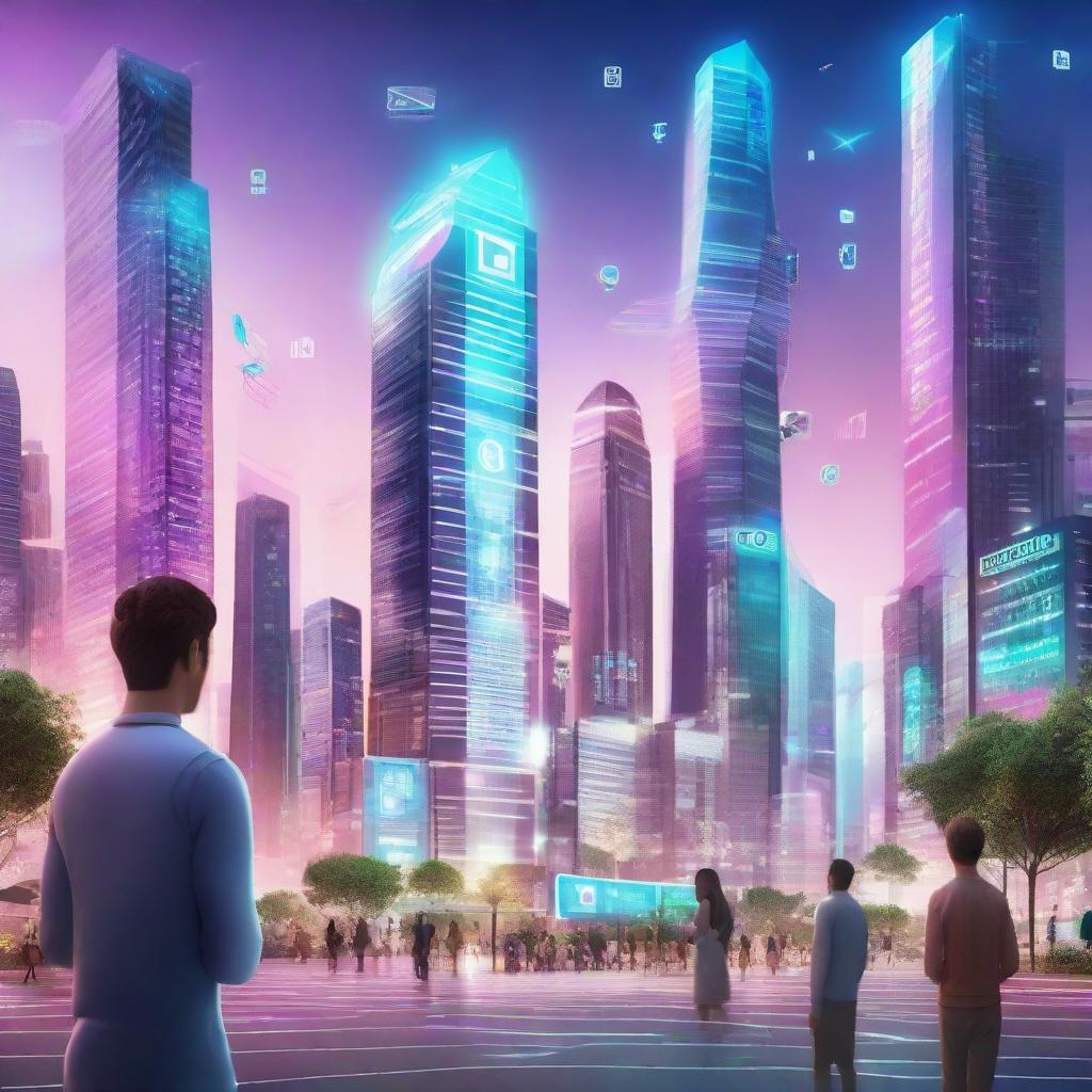 A futuristic city dedicated to social media, with skyscrapers glowing with digital screens of app icons, holographic social media notifications in the air, and citizens communicating through advanced wearable technology.