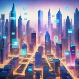 A futuristic city dedicated to social media, with skyscrapers glowing with digital screens of app icons, holographic social media notifications in the air, and citizens communicating through advanced wearable technology.