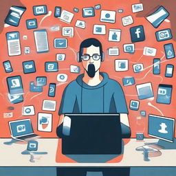 A visually compelling depiction of a person completely consumed by social media, glued to multiple screens with various social media apps open, notifications surging around, and perhaps a worried expression on their face.