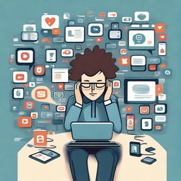 A visually compelling depiction of a person completely consumed by social media, glued to multiple screens with various social media apps open, notifications surging around, and perhaps a worried expression on their face.