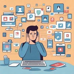 A visually compelling depiction of a person completely consumed by social media, glued to multiple screens with various social media apps open, notifications surging around, and perhaps a worried expression on their face.