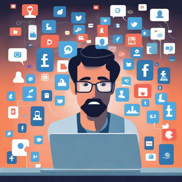 A visually compelling depiction of a person completely consumed by social media, glued to multiple screens with various social media apps open, notifications surging around, and perhaps a worried expression on their face.