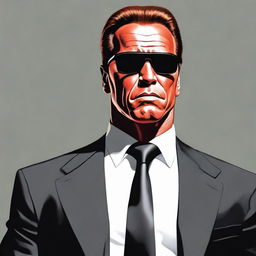 A hyper-realistic illustration of Arnold Schwarzenegger in his prime, dressed as a high-end bodyguard. He stands confidently, muscles bulging, with a stern yet calm expression. He's wearing a sharp black suit, a discreet earpiece, and sunglasses.