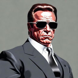 A hyper-realistic illustration of Arnold Schwarzenegger in his prime, dressed as a high-end bodyguard. He stands confidently, muscles bulging, with a stern yet calm expression. He's wearing a sharp black suit, a discreet earpiece, and sunglasses.