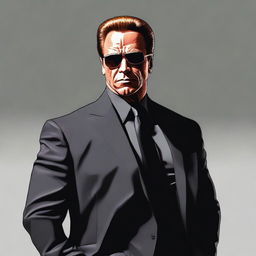 A hyper-realistic illustration of Arnold Schwarzenegger in his prime, dressed as a high-end bodyguard. He stands confidently, muscles bulging, with a stern yet calm expression. He's wearing a sharp black suit, a discreet earpiece, and sunglasses.