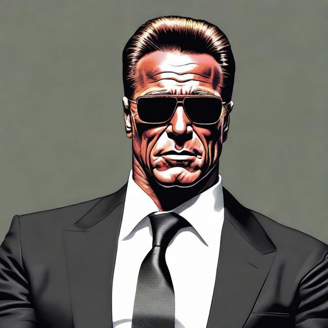 A hyper-realistic illustration of Arnold Schwarzenegger in his prime, dressed as a high-end bodyguard. He stands confidently, muscles bulging, with a stern yet calm expression. He's wearing a sharp black suit, a discreet earpiece, and sunglasses.