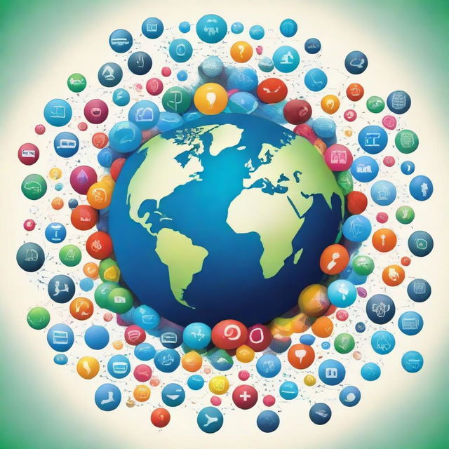 An interpretative representation of the Earth, composed of social media icons, that reflects the positive impacts on humanity. Imagery includes global connections, sharing of ideas, support networks, and uplifting interactions, all symbolized through glowing pathways, helping hands, and vibrant colors.