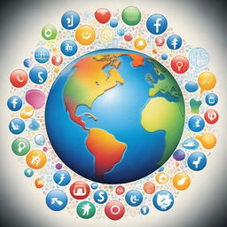 An interpretative representation of the Earth, composed of social media icons, that reflects the positive impacts on humanity. Imagery includes global connections, sharing of ideas, support networks, and uplifting interactions, all symbolized through glowing pathways, helping hands, and vibrant colors.