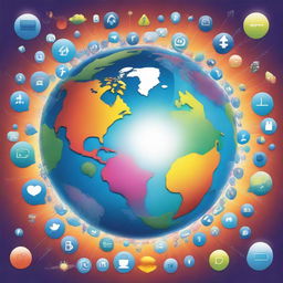 An interpretative representation of the Earth, composed of social media icons, that reflects the positive impacts on humanity. Imagery includes global connections, sharing of ideas, support networks, and uplifting interactions, all symbolized through glowing pathways, helping hands, and vibrant colors.