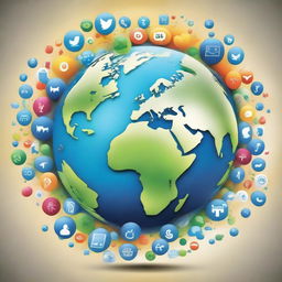 An interpretative representation of the Earth, composed of social media icons, that reflects the positive impacts on humanity. Imagery includes global connections, sharing of ideas, support networks, and uplifting interactions, all symbolized through glowing pathways, helping hands, and vibrant colors.