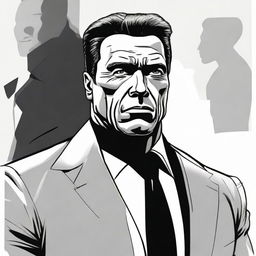 A dynamic illustration of Arnold Schwarzenegger as a paranoid bodyguard. He is heavily muscled, with intense eyes darting around. His black suit is crisp but he distinctly shows signs of high vigilance and anxiety, highlighting his paranoid nature.