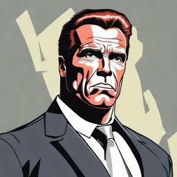 A dynamic illustration of Arnold Schwarzenegger as a paranoid bodyguard. He is heavily muscled, with intense eyes darting around. His black suit is crisp but he distinctly shows signs of high vigilance and anxiety, highlighting his paranoid nature.