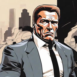 A dynamic illustration of Arnold Schwarzenegger as a paranoid bodyguard. He is heavily muscled, with intense eyes darting around. His black suit is crisp but he distinctly shows signs of high vigilance and anxiety, highlighting his paranoid nature.