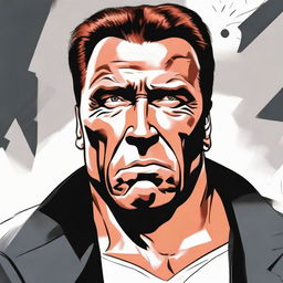 A dynamic illustration of Arnold Schwarzenegger as a paranoid bodyguard. He is heavily muscled, with intense eyes darting around. His black suit is crisp but he distinctly shows signs of high vigilance and anxiety, highlighting his paranoid nature.