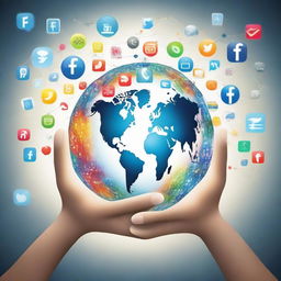 Two human hands gently holding a globe, formed intricately from numerous social media app logos, depicting the world's connectedness and digital reliance. The Earth emanates a soft, inviting glow symbolizing unity and communication.