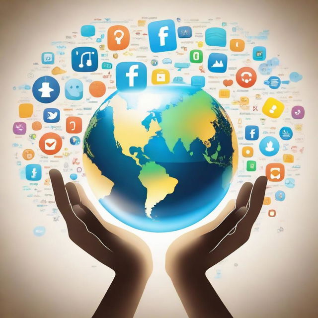 Two human hands gently holding a globe, formed intricately from numerous social media app logos, depicting the world's connectedness and digital reliance. The Earth emanates a soft, inviting glow symbolizing unity and communication.