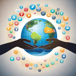 Two human hands gently holding a globe, formed intricately from numerous social media app logos, depicting the world's connectedness and digital reliance. The Earth emanates a soft, inviting glow symbolizing unity and communication.