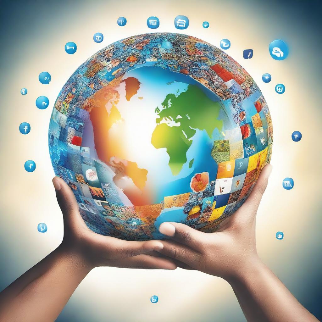 Two human hands gently holding a globe, formed intricately from numerous social media app logos, depicting the world's connectedness and digital reliance. The Earth emanates a soft, inviting glow symbolizing unity and communication.